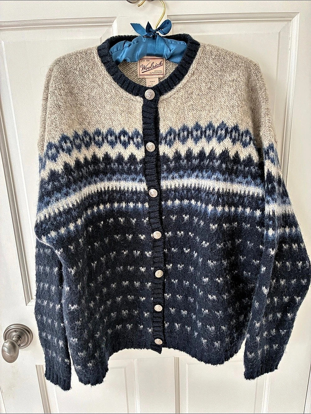 Woolrich Wool Mohair Geometric Cardigan in Blue & Cream Size Large